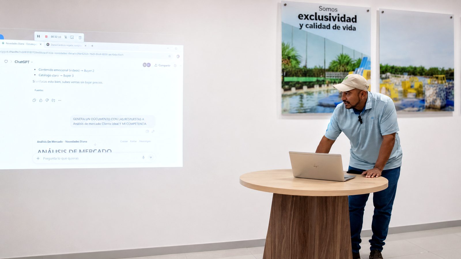 Irving de los Santos impartiendo un taller sobre herramientas digitales aplicadas a negocios, con un análisis de mercado proyectado en pantalla.